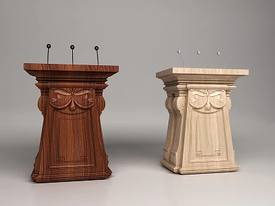 Two Tone Wooden Functional Podium With Carved Details And Microphones On Top 3d model