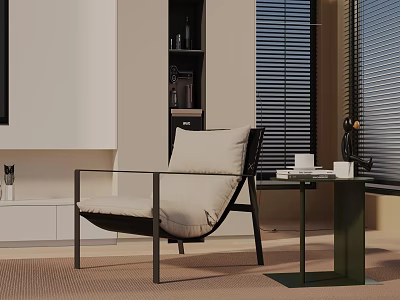 Modern Lounge Chair With Beige Cushion Metal Frame And Side Table In Living Room Interior 3d model
