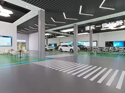 Modern Car Dealership Showroom With Multiple Cars Display Screens And Tables Chairs 3d model