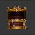 Open Wooden Treasure Chest With Golden Decorations Red Gemstone Gems And Pearl Necklace
