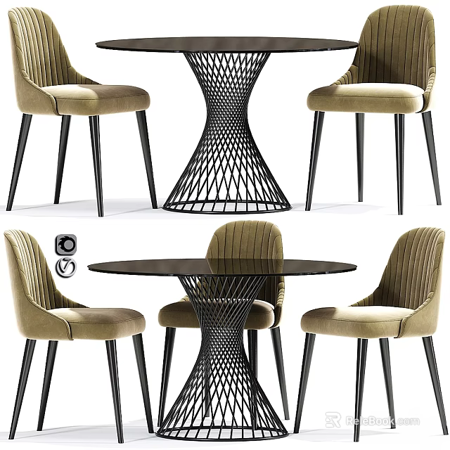Modern Dining Table and Chair Set With Beige Striped Upholstered Chairs And Black Round Table 3d model 