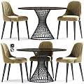 Modern Dining Table and Chair Set With Beige Striped Upholstered Chairs And Black Round Table