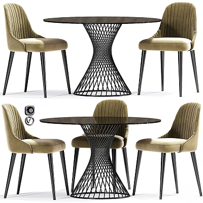 Modern Dining Table and Chair Set With Beige Striped Upholstered Chairs And Black Round Table 3d model