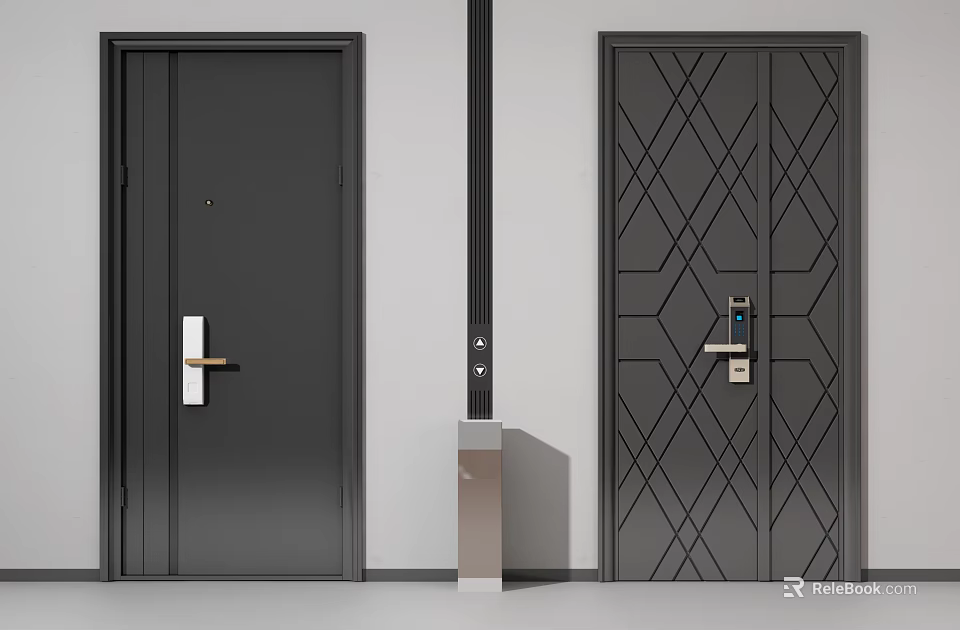 Modern Black Swing Doors With Geometric Pattern And Gold Handle Fingerprint Lock 3d model 