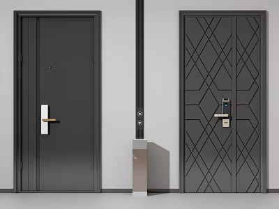 Modern Black Swing Doors With Geometric Pattern And Gold Handle Fingerprint Lock 3d model