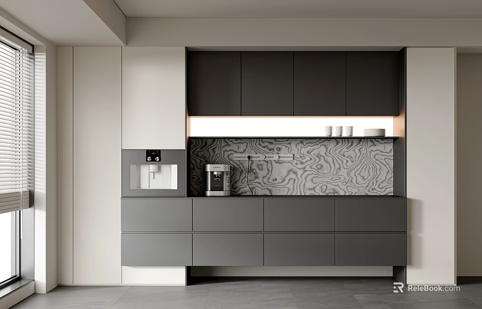 Modern Buffet Cabinet With Gray White Cabinets Marble Textured Backsplash And Appliances 3d model 