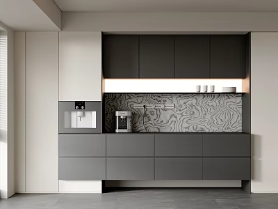 Modern Buffet Cabinet With Gray White Cabinets Marble Textured Backsplash And Appliances 3d model