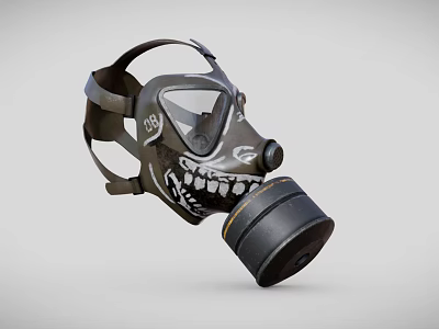Fire Safety Gas Mask with Skull Pattern Design and Black Filter Canister for Emergency Protection 3d model