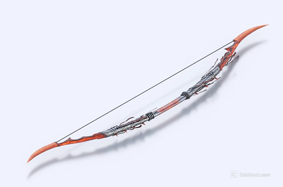 Traditional Archery Weapon Bow With Wooden Body Silver Metal Accents And Red Curved Design 3d model 