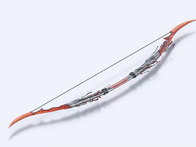 Traditional Archery Weapon Bow With Wooden Body Silver Metal Accents And Red Curved Design 3d model
