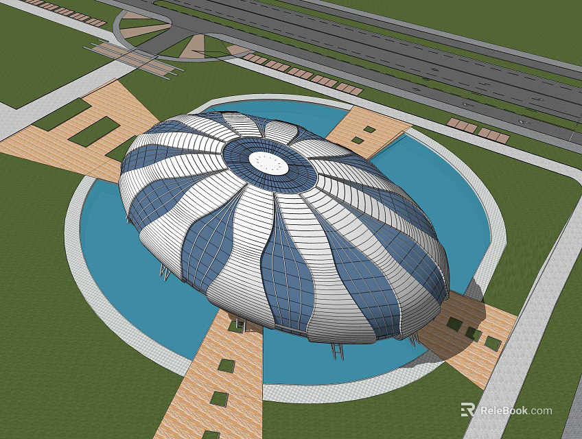 Unique Blue White Dome Structure With Surrounding Water Green Landscape And Pedestrian Paths 3d model 