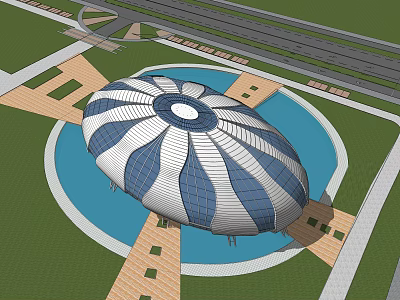 Unique Blue White Dome Structure With Surrounding Water Green Landscape And Pedestrian Paths 3d model