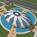 Unique Blue White Dome Structure With Surrounding Water Green Landscape And Pedestrian Paths