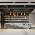 Contemporary Fitness Gym Reception Area Featuring Movement Sign Muscular Statue Bookshelves And Pendant Lights 3d model