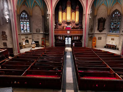 European Architecture Church Interior With Wooden Benches Pipe Organ And Stained Glass Windows 3d model