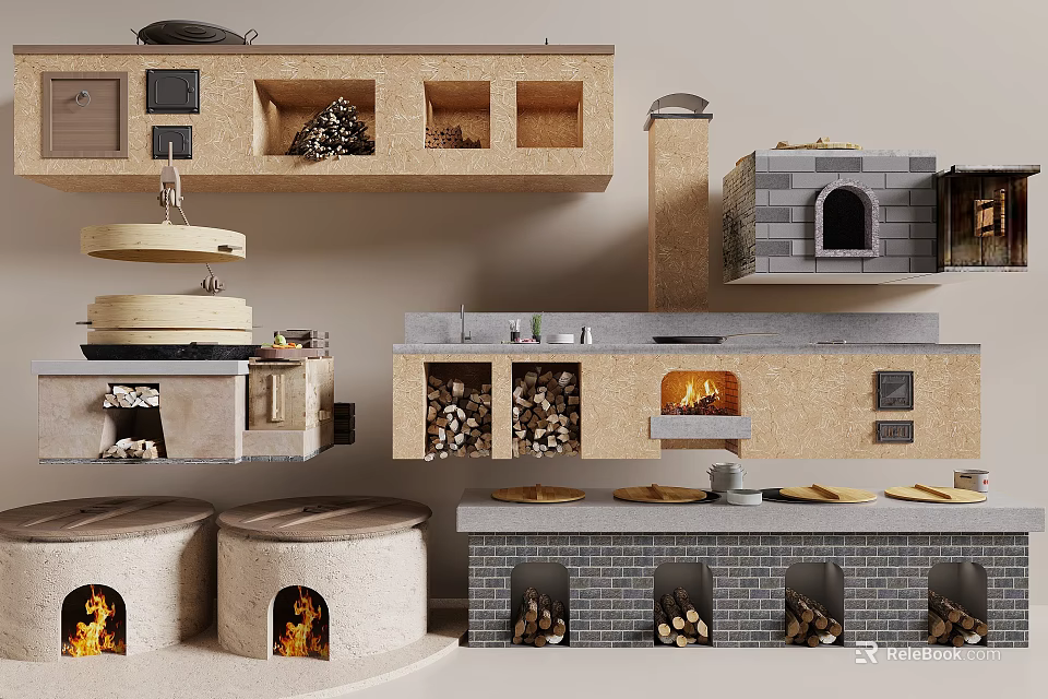 Traditional Kitchen Interior With Wooden Cabinets Stone Ovens And Firewood Storage 3d model 