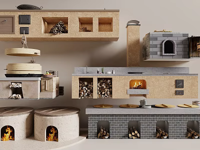 Traditional Kitchen Interior With Wooden Cabinets Stone Ovens And Firewood Storage 3d model