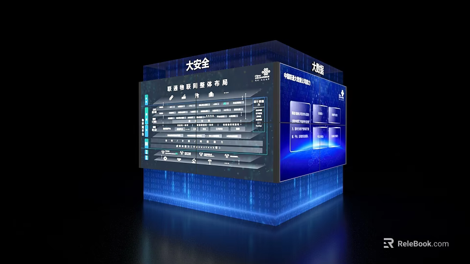 Smart Security System Showcase With Intelligent Display Island Featuring Data Charts And Screens 3d model