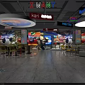 Vibrant Restaurant Interior With Colorful Ceiling Signs Yellow Chairs And Patterned Floor
