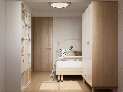 Cozy Kids Room Interior With Cute Animal Ear Headboard White Bookshelf And Wooden Wardrobe 3d model