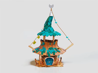 Cartoon Fairy House Scene With Green Leaf Roof Blue Door Wooden Structure And Crescent Moon Decoration 3d model