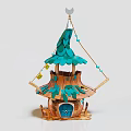 Cartoon Fairy House Scene With Green Leaf Roof Blue Door Wooden Structure And Crescent Moon Decoration