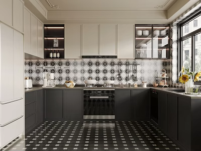 Modern Kitchen Interior Design With Black And White Patterned Tiles Dark Cabinets And Appliances 3d model