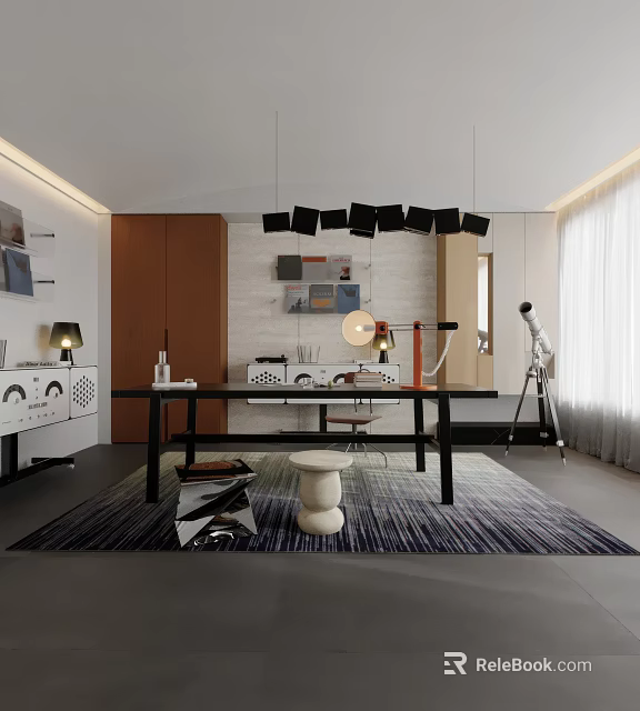 Modern Study Room Interior With Wooden Desk Pendant Lights And Area Rug 3d model 