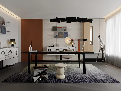 Modern Study Room Interior With Wooden Desk Pendant Lights And Area Rug 3d model
