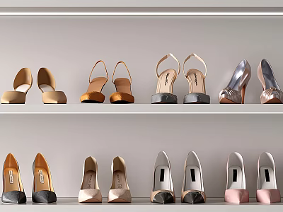Stylish High Heel Shoes In Various Colors Display On White Shelves 3d model