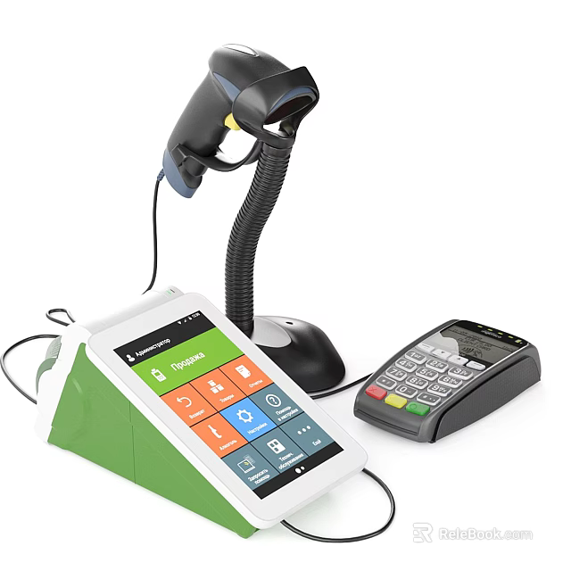 Green And White POS System With Colorful Icon Screen Barcode Scanner And Payment Terminal 3d model 