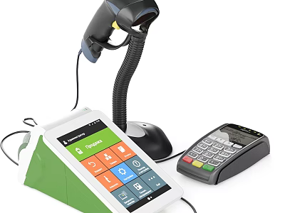 Green And White POS System With Colorful Icon Screen Barcode Scanner And Payment Terminal 3d model