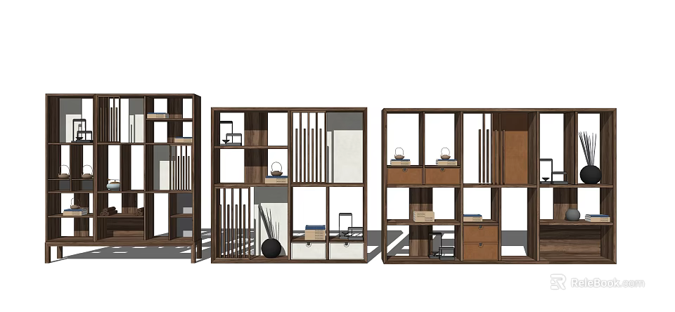 Modern Wooden Storage Shelving With Open Compartments Drawers And Vertical Slats 3d model 