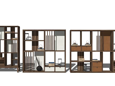 Modern Wooden Storage Shelving With Open Compartments Drawers And Vertical Slats 3d model