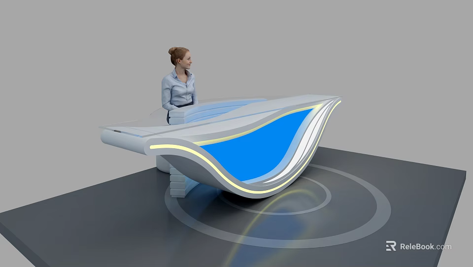 Modern Unique Curved Reception Desk With Blue Accent White Surface And Lighting 3d model 