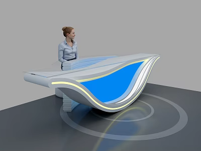 Modern Unique Curved Reception Desk With Blue Accent White Surface And Lighting 3d model