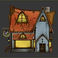 Cartoon House With Red Tiled Roof Blue Walls Yellow Windows Small Signboard And Wooden Barrel