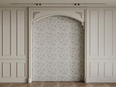 Elegant White Wainscoting With Arched Decor And Floral Wallpaper Wooden Floor Interior 3d model