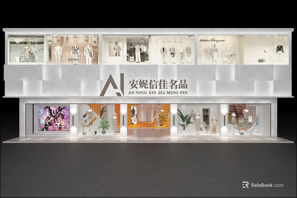 Elegant Clothing Store Front With Window Displays Mannequins And Luxury Apparel 3d model 