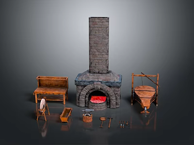 Rustic Wooden Furniture Set With Stone Fireplace Bench Table Chair And Basket 3d model