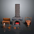 Rustic Wooden Furniture Set With Stone Fireplace Bench Table Chair And Basket