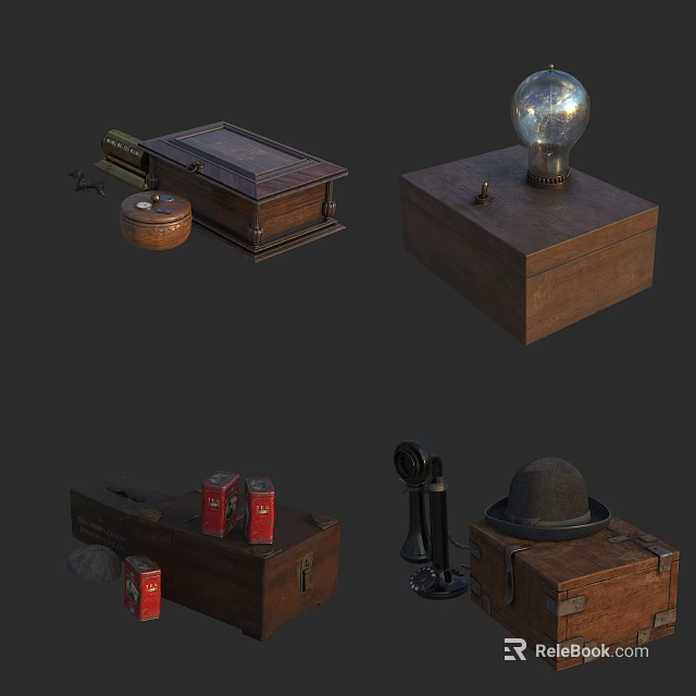 Vintage Decorative Ornament Set With Wooden Boxes Bulb Telephone Hat And Red Boxes 3d model 