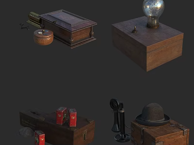 Vintage Decorative Ornament Set With Wooden Boxes Bulb Telephone Hat And Red Boxes 3d model