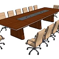 Wooden Conference Table With Surrounding Office Chairs And Central Panel Design