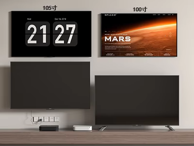 Large Screen TVs 105 Inch and 100+ Inch Showing Time and Mars Scene in Room 3d model