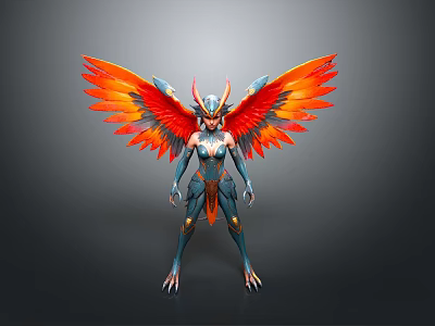 Colorful Mythical Female Warrior With Red Orange Wings Blue Body And Golden Accents 3d model