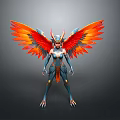 Colorful Mythical Female Warrior With Red Orange Wings Blue Body And Golden Accents