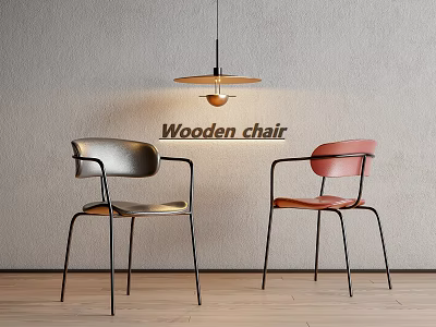 Wooden Dining Chairs With Silver And Red Seats And Black Metal Legs 3d model
