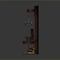 Wooden Miniature Room Scene With Door Table Shelf Candle Chandelier And Gold Coins