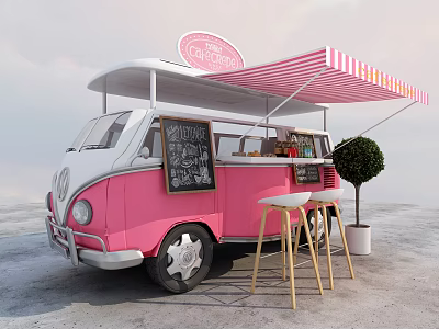 Pink Ice Cream Truck With Striped Awning Chalkboard Menu And Wooden Bar Stools 3d model